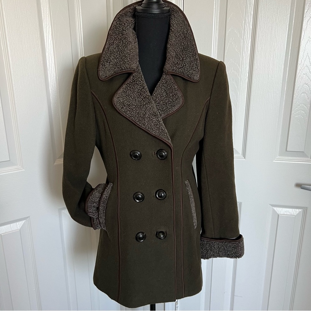 ⛄️ Vintage Warm Olive Green Double Breasted Pea Coat w Pockets Size Small/Medium